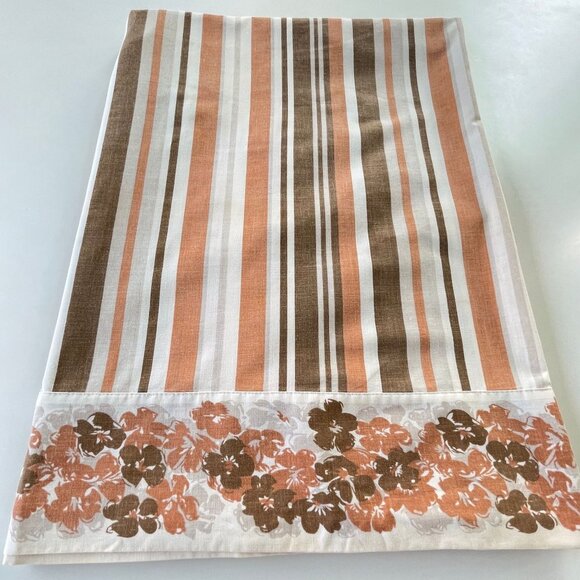 Vintage 70s flat/top sheet, 2 tones brown stripes and flowers, full size bed - Picture 4 of 10